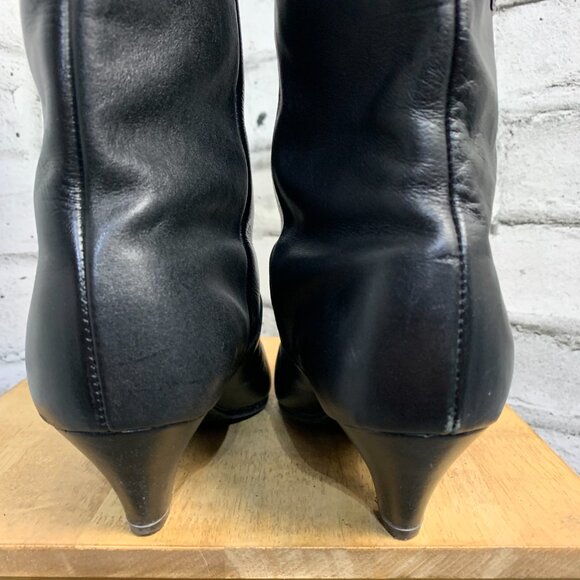 Vintage 80s Black Leather Retro Boots Black 7 Mid Calf Mid Low Kitten Cone Heel - Picture 8 of 16